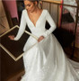 Lace Wedding Dresses  Long Sleeve V-neck Boho Bridal Gowns Satin Backless White