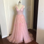 Beaded Prom Dress with High Split Tulle Sweep Train in Many Colors