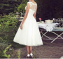Vintage Ivory Lace Wedding Dresses Sheer Neck Cap Sleeves Tea Length Custom Made Plus Size Bridal Gown