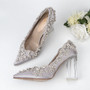 Wedding Shoes Luxury Design  Satin Full Stone Rhinestone Pointed Toe Bride Pumps Square Clear Higher Heels
