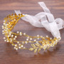 Romantic Handmade Ribbon Gold Leaves Crystal Pearl Headband Wedding Bridal Headband