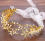 Romantic Handmade Ribbon Gold Leaves Crystal Pearl Headband Wedding Bridal Headband