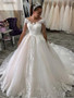 Ivory Tulle Lace Scoop Cap Sleeves Floor-Length Ball Gown Wedding Dress Chapel Train Custom Made