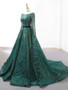 Dark Green Sequins Long Sleeve Backless Prom Dress