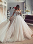 Charming off-the-shoulder tulle champagne lace simple a-line wedding dress