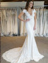 onlybridals Elegant Mermaid Scalloped-Edge Cap Sleeves Backless Wedding Dress with Lace