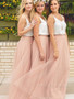 onlybridals  Simple V-Neck Sleeveless Tulle Ruched A-Line Long Bridesmaid Dress