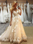 onlybridals Lace Appliques Sleeveless Wedding Dress Long Champagne A-Line Bridal Gowns Plus