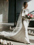 Simple White Sheath Satin Long Sleeve Backless Wedding Dress With Button