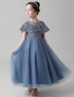 onlybridals Blue Backless Flower Girl Dress Lace Applique Bead Girl Beauty Pageant Dress Long Sleeve Tulle