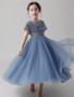 onlybridals Blue Backless Flower Girl Dress Lace Applique Bead Girl Beauty Pageant Dress Long Sleeve Tulle