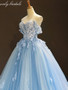 onlybridals Sky Blue Tulle Off Shoulder Sweetheart Neck Long Lace Applique Senior Prom Dress