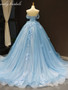 onlybridals Sky Blue Tulle Off Shoulder Sweetheart Neck Long Lace Applique Senior Prom Dress