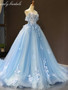 onlybridals Sky Blue Tulle Off Shoulder Sweetheart Neck Long Lace Applique Senior Prom Dress