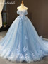 onlybridals Sky Blue Tulle Off Shoulder Sweetheart Neck Long Lace Applique Senior Prom Dress