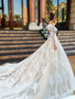 onlybridals Sleeve Wedding Dress Princess Button Back Court Train Applique Illusion Tulle Wedding Gowns