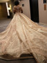 onlybridals A-line Off-the-shoulder Floor-length Short Tulle Champagne  Wedding Dress