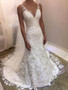 onlybridals Elegant Appliqued Lace Wedding Dress Mermaid V-neck Cheap Wedding Gown