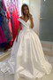 onlybridals Simple Wedding Dresses Aline V-neck Open Back Long Train Satin Classic Bridal Gown