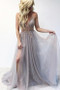 V-Neck Spaghtti Straps Light Grey-Blush Prom Dresses with Split, Beaded Prom Dresses,MP471