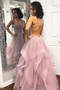 V-neck Simple Dusty Rose Long Prom Dresses with Straps and Ruffle Skirt,MP440
