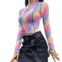 E Girl Print Long Sleeve Crop Tops T Shirts Women Transparents Ruffles Hems Mesh Tops Turtleneck Tshirt Y2k Aesthetic Streetwear
