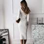 Long Sleeve V Neck Elegant Midi Dress