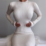 Elegant Ribbed Knitted Midi Dress Women Long Sleeve