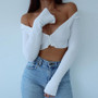 Ribbed T-Shirt Long Sleeve Deep V-Neck Crop Top