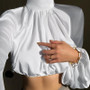 Lantern Sleeve Turtleneck Satin Blouse