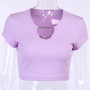 Short Sleeve Front Hollow Out Hole V-Neck Crop Top