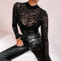 Mesh Stripe Print Long Sleeve Mock Neck See-Through Bodysuit