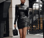 Leather Mini Dress Turtleneck Long Sleeve Bodycon