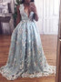 Lace Blue Prom Dress Lace V Neck Long Vintage Prom Dress #ER513