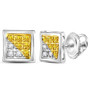 Men's Diamond Earrings |  Sterling Silver Mens Round Yellow Color Enhanced Diamond Cluster Earrings 1/20 Cttw |  Splendid Jewellery