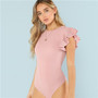 Layered Ruffle Detail Textured Bodysuit Solid Pink