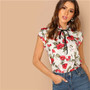 Multicolor Tie Neck Ruffle Armhole Floral Top Stand Collar Cap Sleeve Pullover