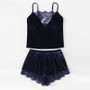 Navy Lace Trim Velvet Cami Shorts Sexy Spaghetti Strap Pajamas Set