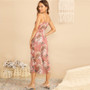 Boho Surplice Neck Botanical Ruffle Wide Leg Jumpsuit