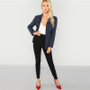 Navy Cotton Office Notched Neck Plaid Double Breasted Blazer