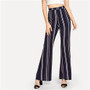 Navy Office Striped Elastic Waist Flare Leg Trousers