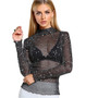 Mock Neck Lettuce Hem Glitter Mesh Sexy 's Long Sleeve