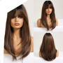 Long Straight Synthetic Wigs Brown to Blonde Ombre Hair Wigs With Bangs For Woman Afro High Density Heat Resistant Wigs