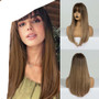 Long Straight Synthetic Wigs Brown to Blonde Ombre Hair Wigs With Bangs For Woman Afro High Density Heat Resistant Wigs