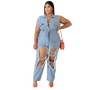 Turn Down Collar Sleeveless Denim Jumpsuit