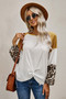 Leopard Long Sleeve Waffle Knit White Blouse with Twist Knot