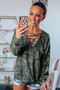 Hollow-out V Neck Camouflage Blouse