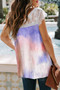 Purple Lace Splicing V Neck Short Sleeve Tie-dye Top