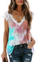 Multicolor Lace Splicing V Neck Short Sleeve Tie-dye Top