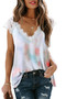 White Lace Splicing V Neck Short Sleeve Tie-dye Top